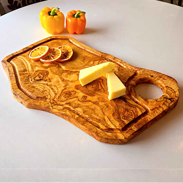 Olive Wood Large Solid Irregular Shape Cutting Board with Handle and Groove | 40 - 70cm