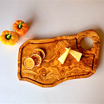 Olive Wood Large Solid Irregular Shape Cutting Board with Handle and Groove | 40 - 70cm