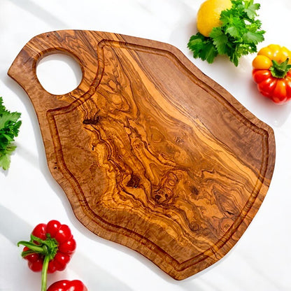 Olive Wood Large Solid Irregular Shape Cutting Board with Handle and Groove | 40 - 70cm