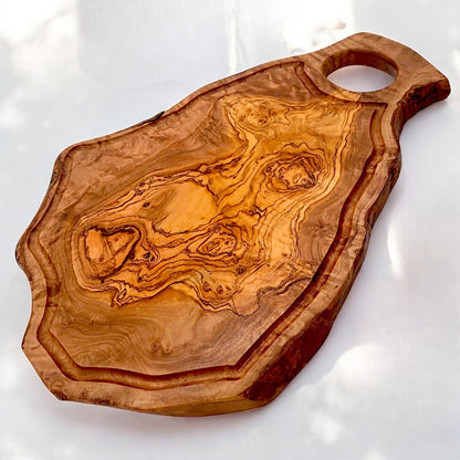 Olive Wood Large Solid Irregular Shape Cutting Board with Handle and Groove | 40 - 70cm