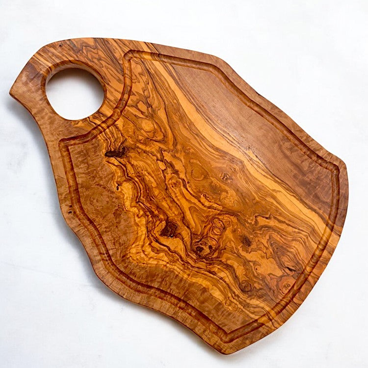 Olive Wood Large Solid Irregular Shape Cutting Board with Handle and Groove | 40 - 70cm