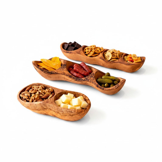 Handcrafted Olive Wood Divided Serving Dish | 2, 3, or 4 Compartment Appetizer Tray | Individual or 3-Piece Set