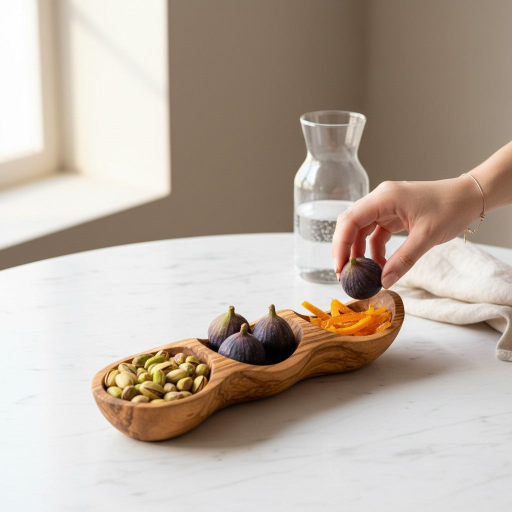 Handcrafted Olive Wood Divided Serving Dish | 2, 3, or 4 Compartment Appetizer Tray | Individual or 3-Piece Set