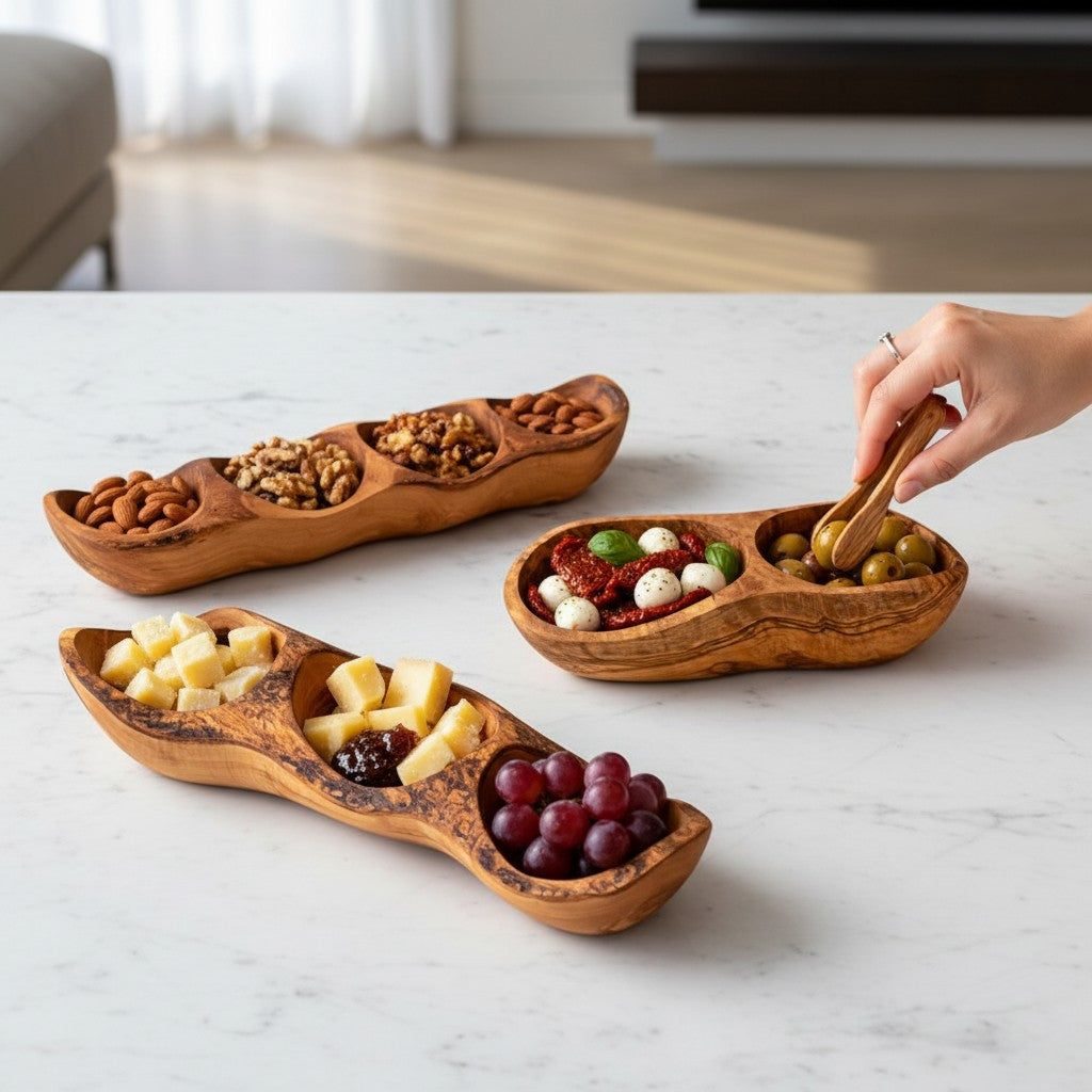 Handcrafted Olive Wood Divided Serving Dish | 2, 3, or 4 Compartment Appetizer Tray | Individual or 3-Piece Set