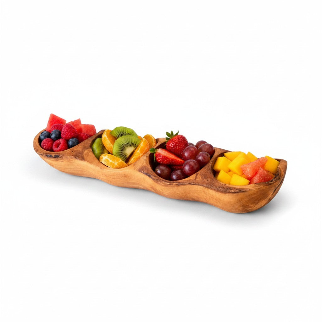 Handcrafted Olive Wood Divided Serving Dish | 2, 3, or 4 Compartment Appetizer Tray | Individual or 3-Piece Set