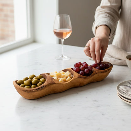 Handcrafted Olive Wood Divided Serving Dish | 2, 3, or 4 Compartment Appetizer Tray | Individual or 3-Piece Set