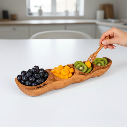 Handcrafted Olive Wood Divided Serving Dish | 2, 3, or 4 Compartment Appetizer Tray | Individual or 3-Piece Set