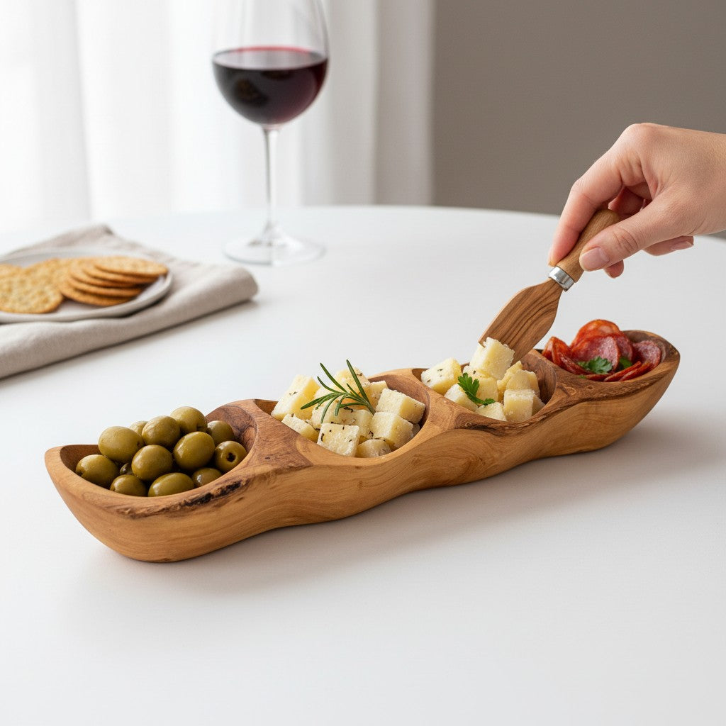Handcrafted Olive Wood Divided Serving Dish | 2, 3, or 4 Compartment Appetizer Tray | Individual or 3-Piece Set