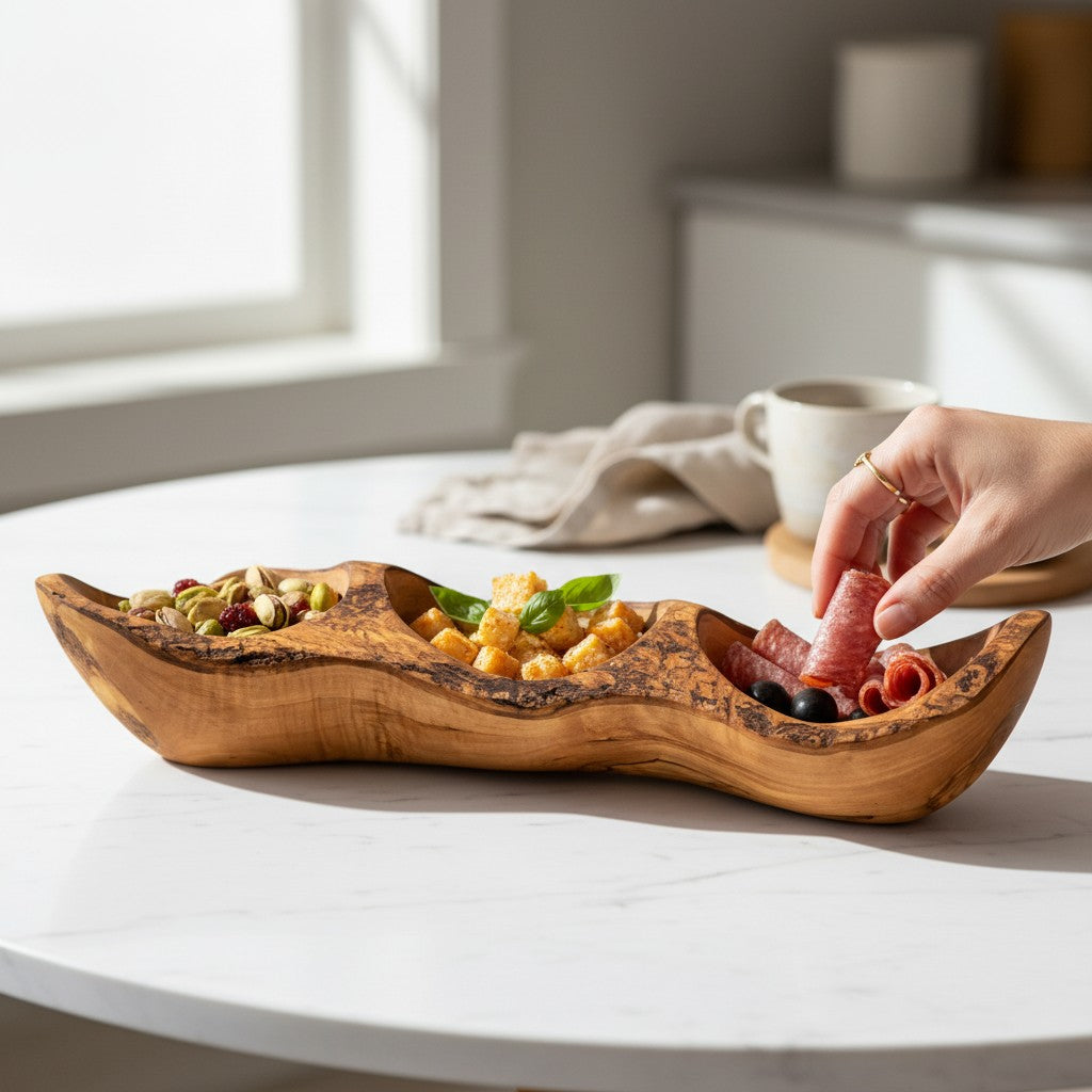 Handcrafted Olive Wood Divided Serving Dish | 2, 3, or 4 Compartment Appetizer Tray | Individual or 3-Piece Set