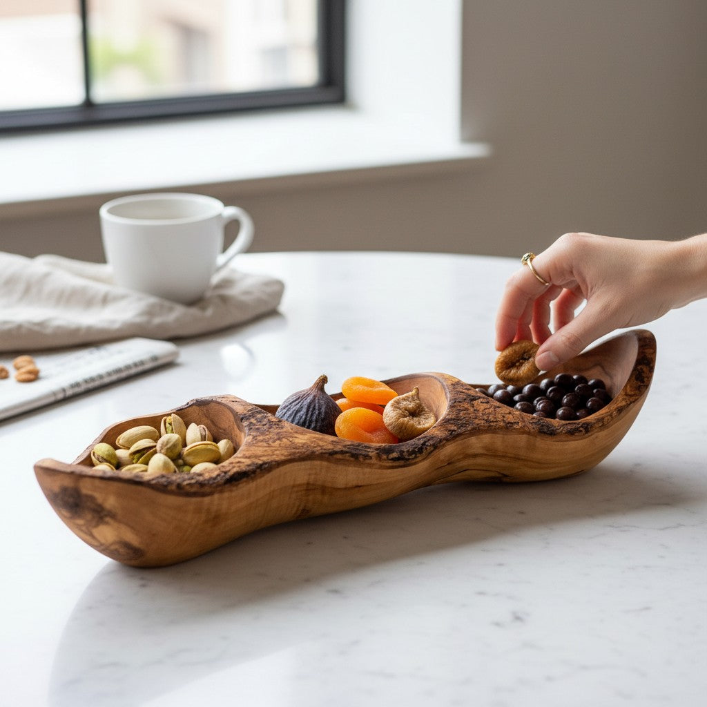 Handcrafted Olive Wood Divided Serving Dish | 2, 3, or 4 Compartment Appetizer Tray | Individual or 3-Piece Set