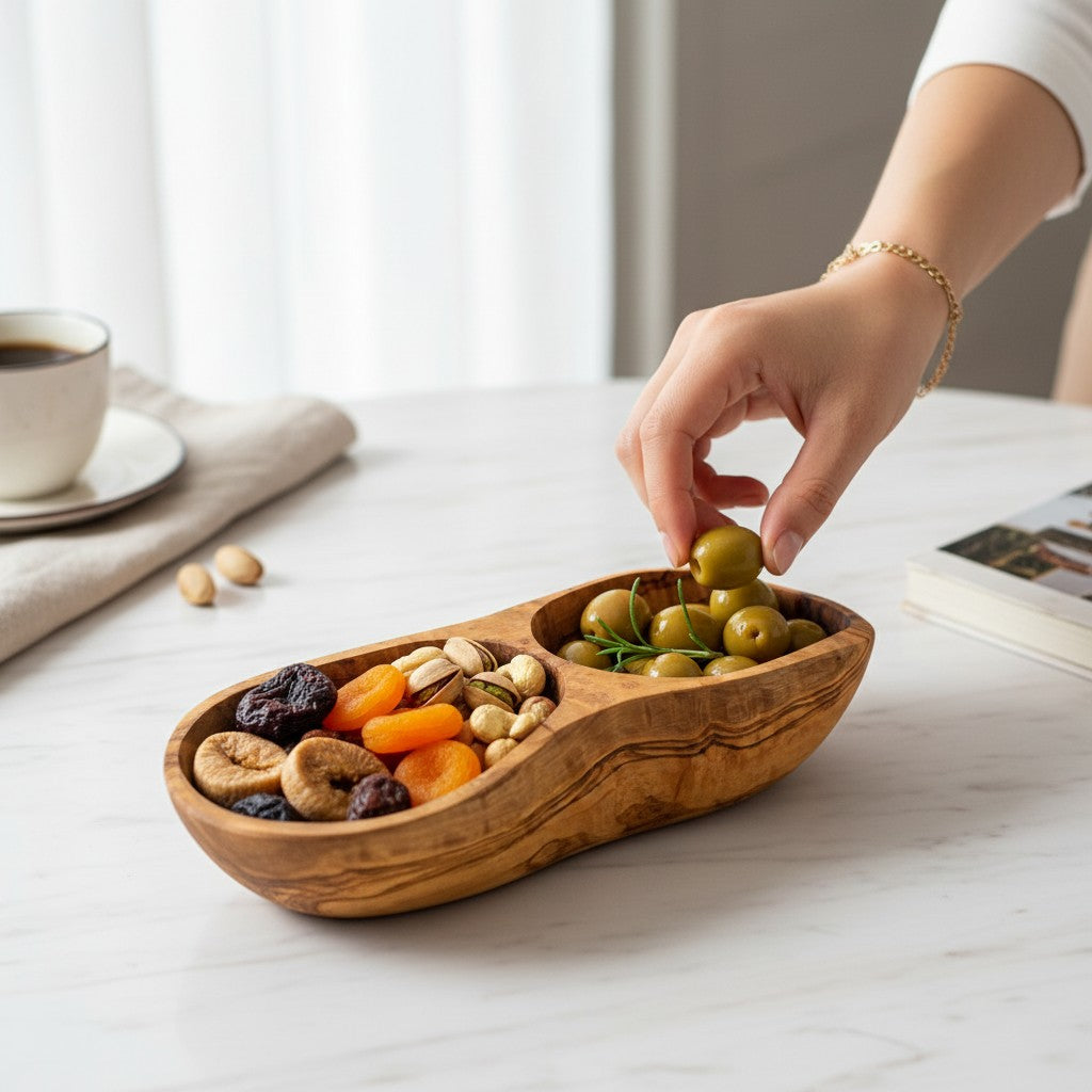 Handcrafted Olive Wood Divided Serving Dish | 2, 3, or 4 Compartment Appetizer Tray | Individual or 3-Piece Set