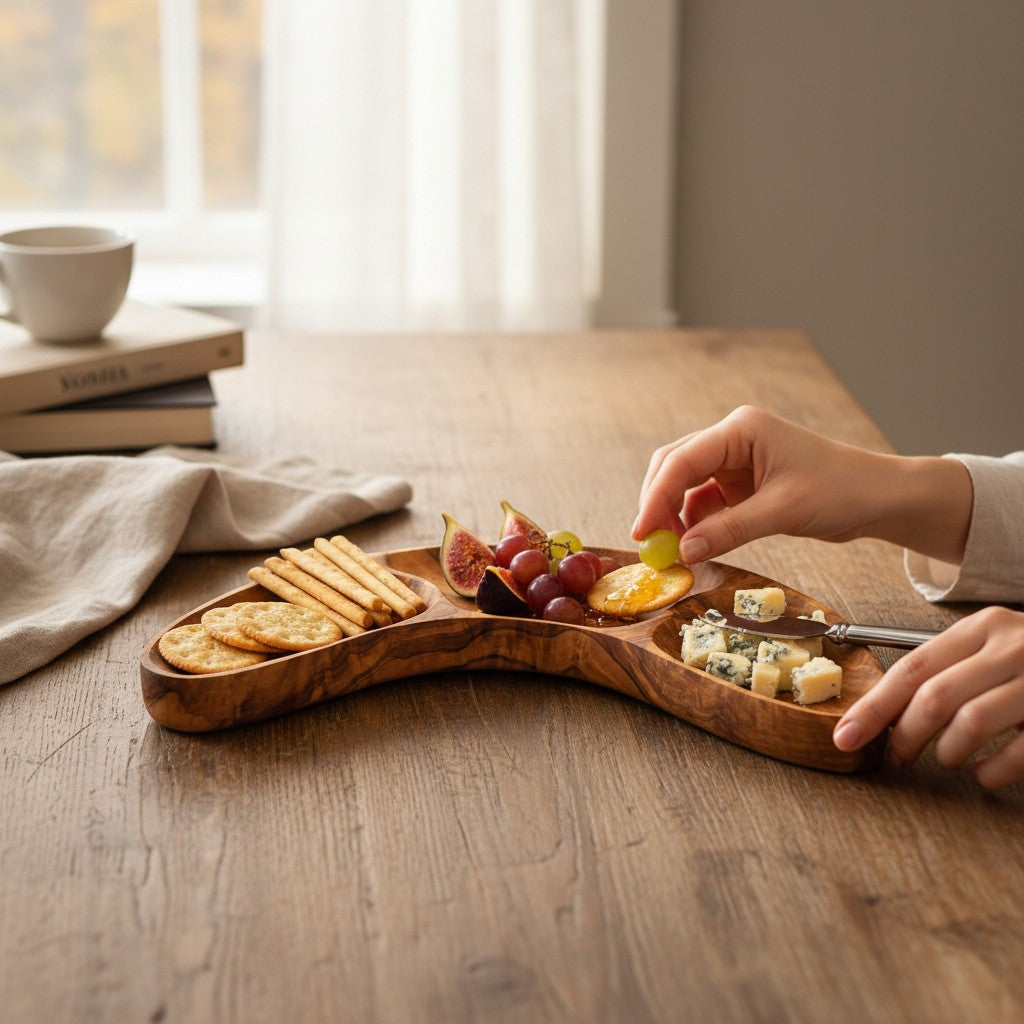 Olive Wood 3-Section Serving Bowl | Wooden Charcuterie Platter & Snack Dish 30cm