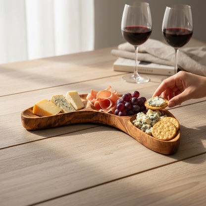 Olive Wood 3-Section Serving Bowl | Wooden Charcuterie Platter & Snack Dish 30cm