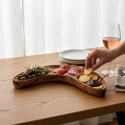 Olive Wood 3-Section Serving Bowl | Wooden Charcuterie Platter & Snack Dish 30cm