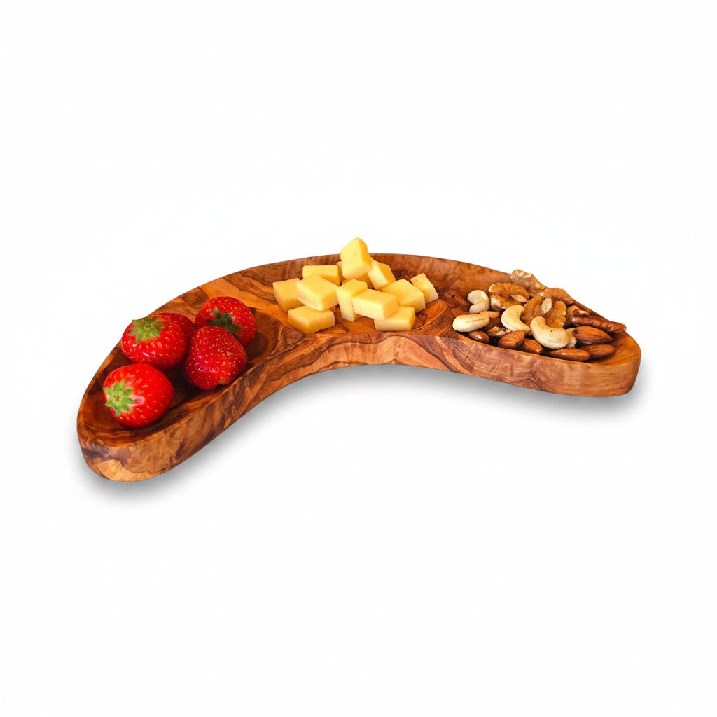 Olive Wood 3-Section Serving Bowl | Wooden Charcuterie Platter & Snack Dish 30cm