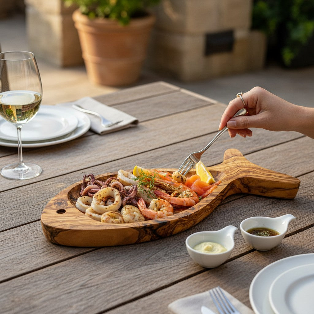 Olive Wood Fish Shaped Serving Board | Large Seafood & Tapas Platter 35-45cm