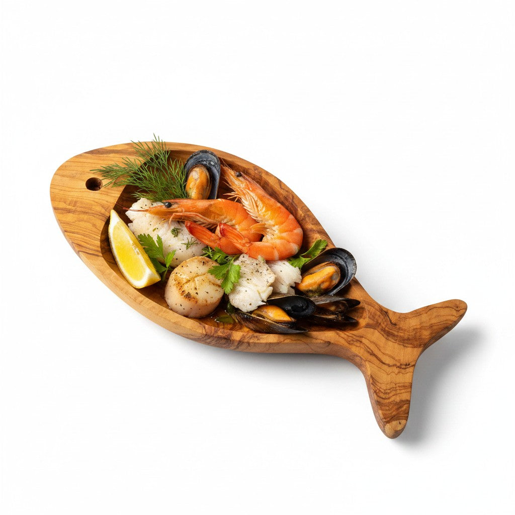 Olive Wood Fish Shaped Serving Board | Large Seafood & Tapas Platter 35-45cm