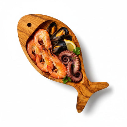 Olive Wood Fish Shaped Serving Board | Large Seafood & Tapas Platter 35-45cm