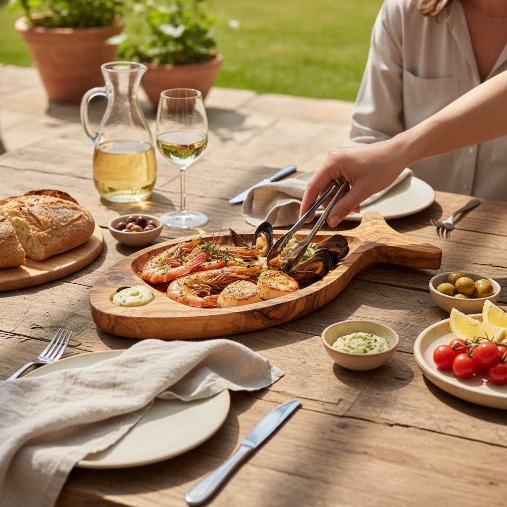 Olive Wood Fish Shaped Serving Board | Large Seafood & Tapas Platter 35-45cm