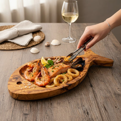 Olive Wood Fish Shaped Serving Board | Large Seafood & Tapas Platter 35-45cm