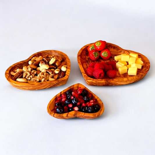 Set Of 3 Handcrafted Olive Wood Wooden Heart Shaped Side Dishes For Nuts, Condiments, Side Salads etc. Romantic Gift Idea