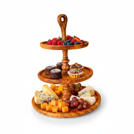 Handmade 3-Tier Olive Wood Serving Stand - Afternoon Tea & Cake Platter