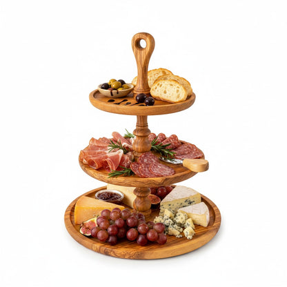 Handmade 3-Tier Olive Wood Serving Stand - Afternoon Tea & Cake Platter
