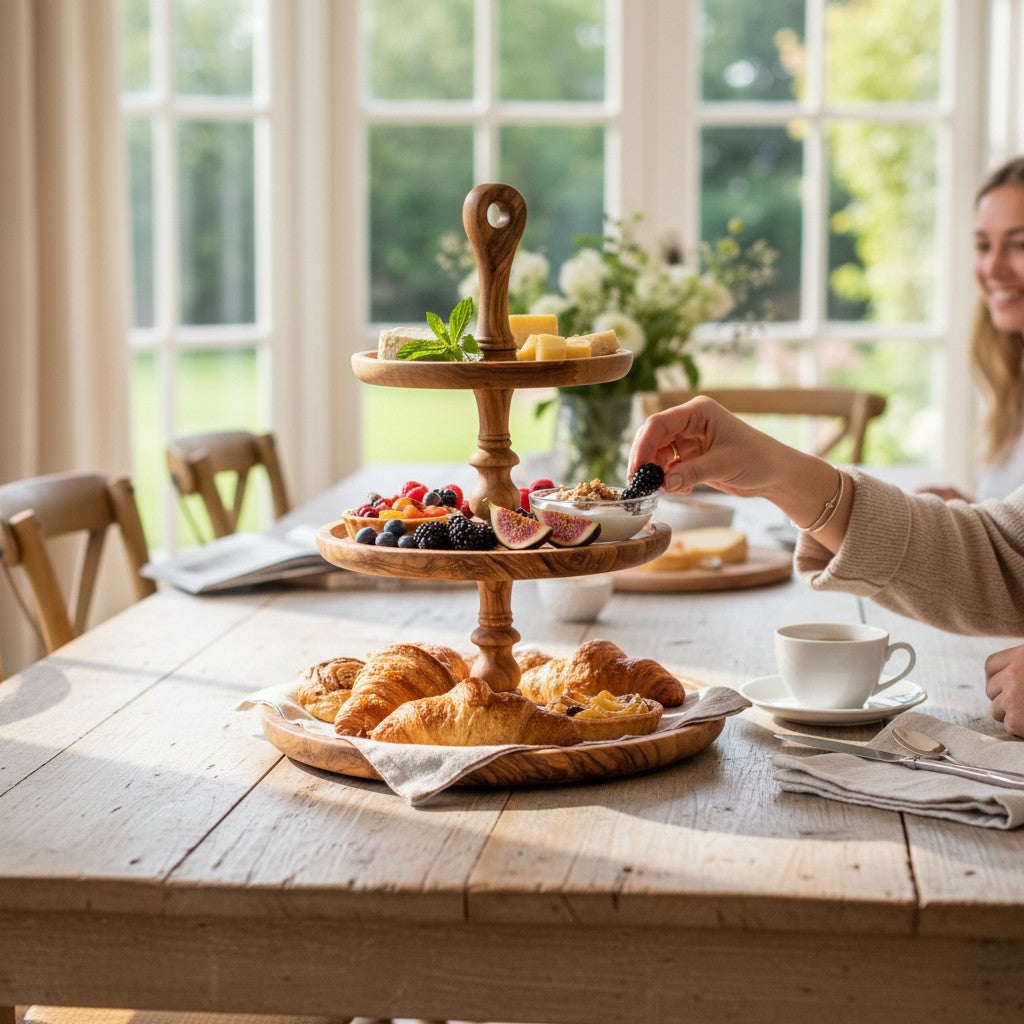 Handmade 3-Tier Olive Wood Serving Stand - Afternoon Tea & Cake Platter