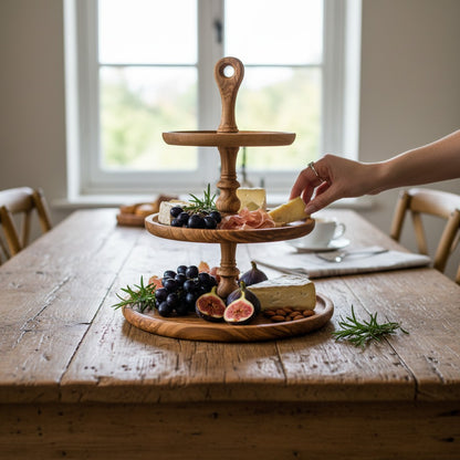Handmade 3-Tier Olive Wood Serving Stand - Afternoon Tea & Cake Platter