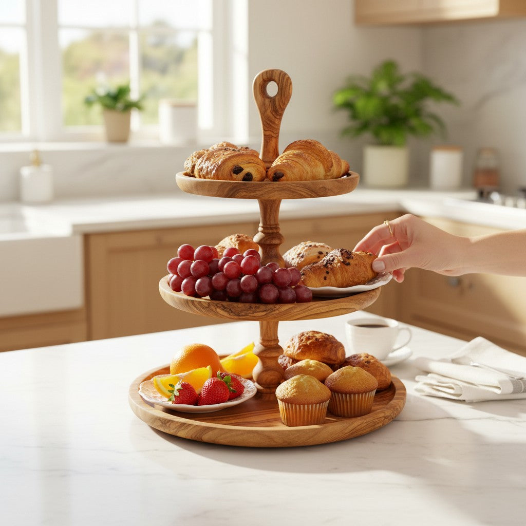Handmade 3-Tier Olive Wood Serving Stand - Afternoon Tea & Cake Platter