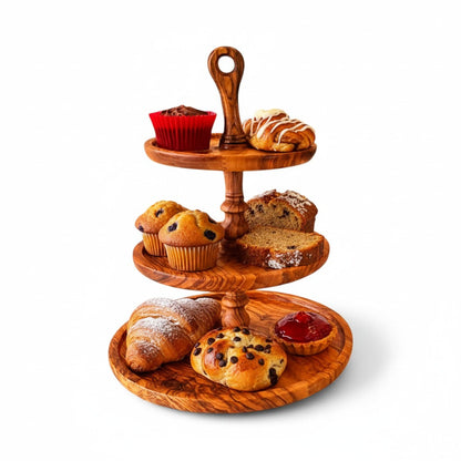 Handmade 3-Tier Olive Wood Serving Stand - Afternoon Tea & Cake Platter