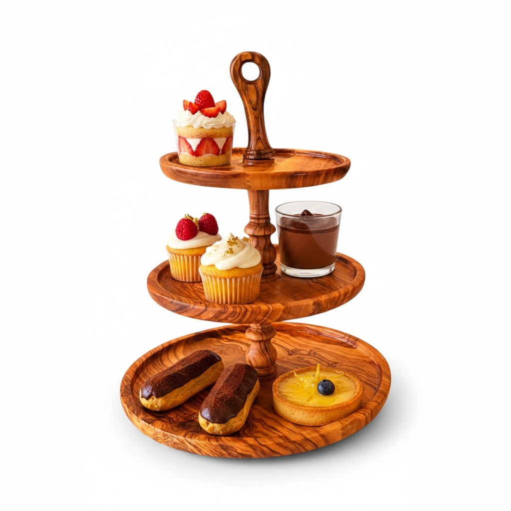 Handmade 3-Tier Olive Wood Serving Stand - Afternoon Tea & Cake Platter