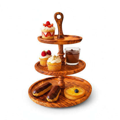 Handmade 3-Tier Olive Wood Serving Stand - Afternoon Tea & Cake Platter