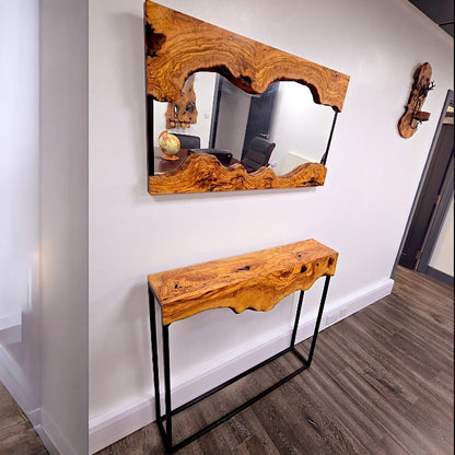 Hand made olive wood mirror and console table set