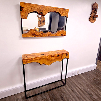 Hand made olive wood mirror and console table set