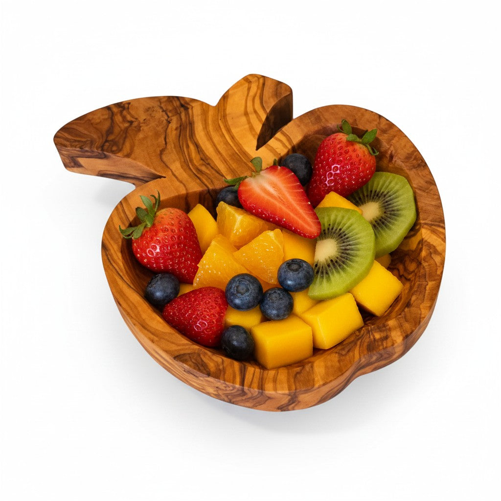 Handmade Olive Wood Apple-Shaped Snack Bowl - 14cm Decorative Serving Dish