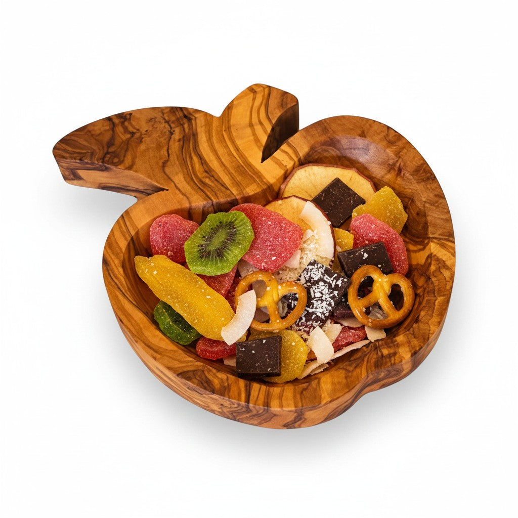 Handmade Olive Wood Apple-Shaped Snack Bowl - 14cm Decorative Serving Dish