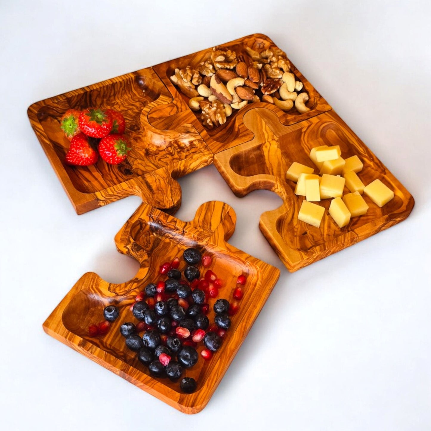 Olive wood puzzle shaped dish , set of 4 dishes, jigsaw shaped pieces, wooden dishes, kitchen, party, restaurant, gift, handmade