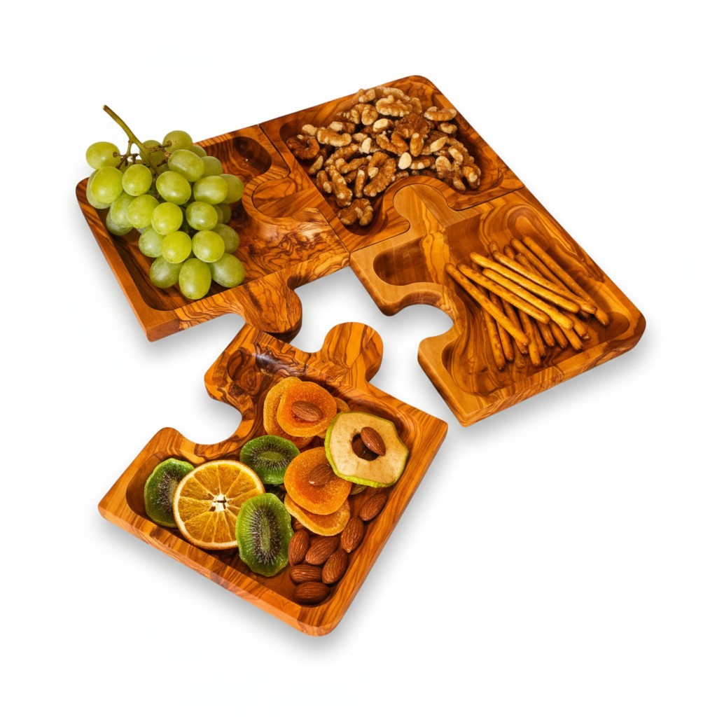 Olive Wood Puzzle Serving Set 4pc | Interlocking Jigsaw Charcuterie Board Tray