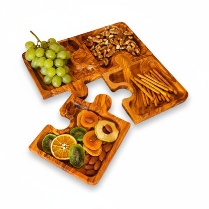 Olive Wood Puzzle Serving Set 4pc | Interlocking Jigsaw Charcuterie Board Tray