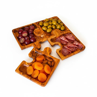 Olive Wood Puzzle Serving Set 4pc | Interlocking Jigsaw Charcuterie Board Tray