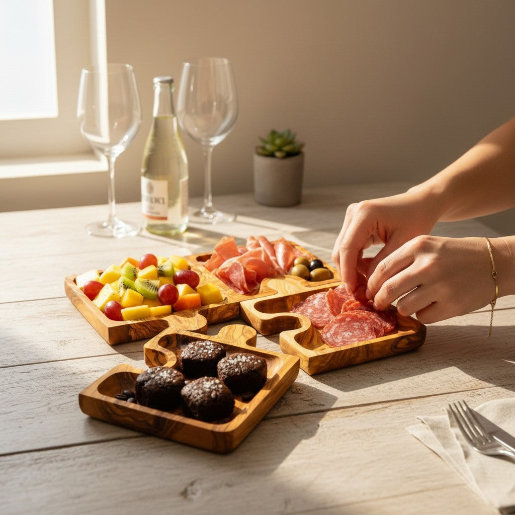 Olive Wood Puzzle Serving Set 4pc | Interlocking Jigsaw Charcuterie Board Tray