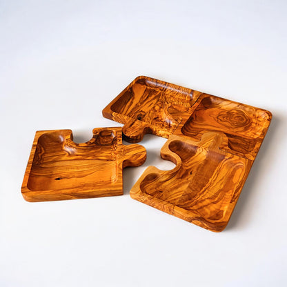 Olive wood puzzle shaped dish , set of 4 dishes, jigsaw shaped pieces, wooden dishes, kitchen, party, restaurant, gift, handmade