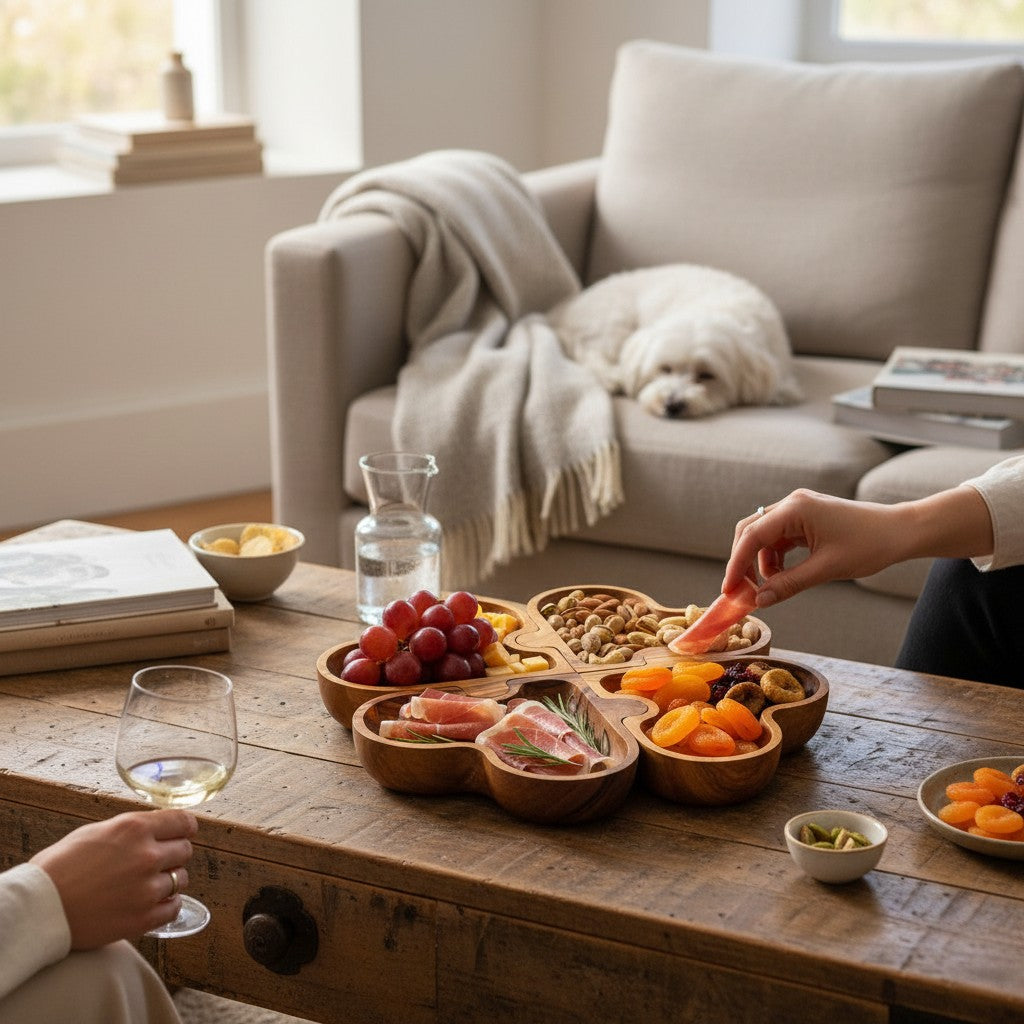 Olive Wood Puzzle Serving Set 4pc | Interlocking Clover Charcuterie Board Tray