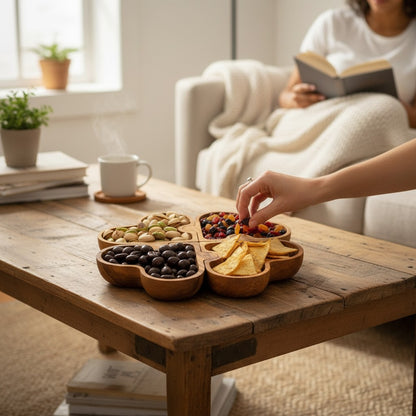 Olive Wood Puzzle Serving Set 4pc | Interlocking Clover Charcuterie Board Tray