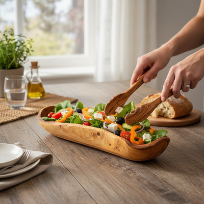 Olive Wood Boat Shaped Serving Bowl | Rustic Wooden Salad & Fruit Platter