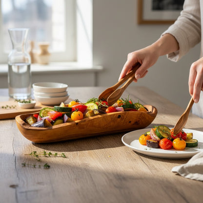 Olive Wood Boat Shaped Serving Bowl | Rustic Wooden Salad & Fruit Platter