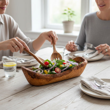 Olive Wood Boat Shaped Serving Bowl | Rustic Wooden Salad & Fruit Platter