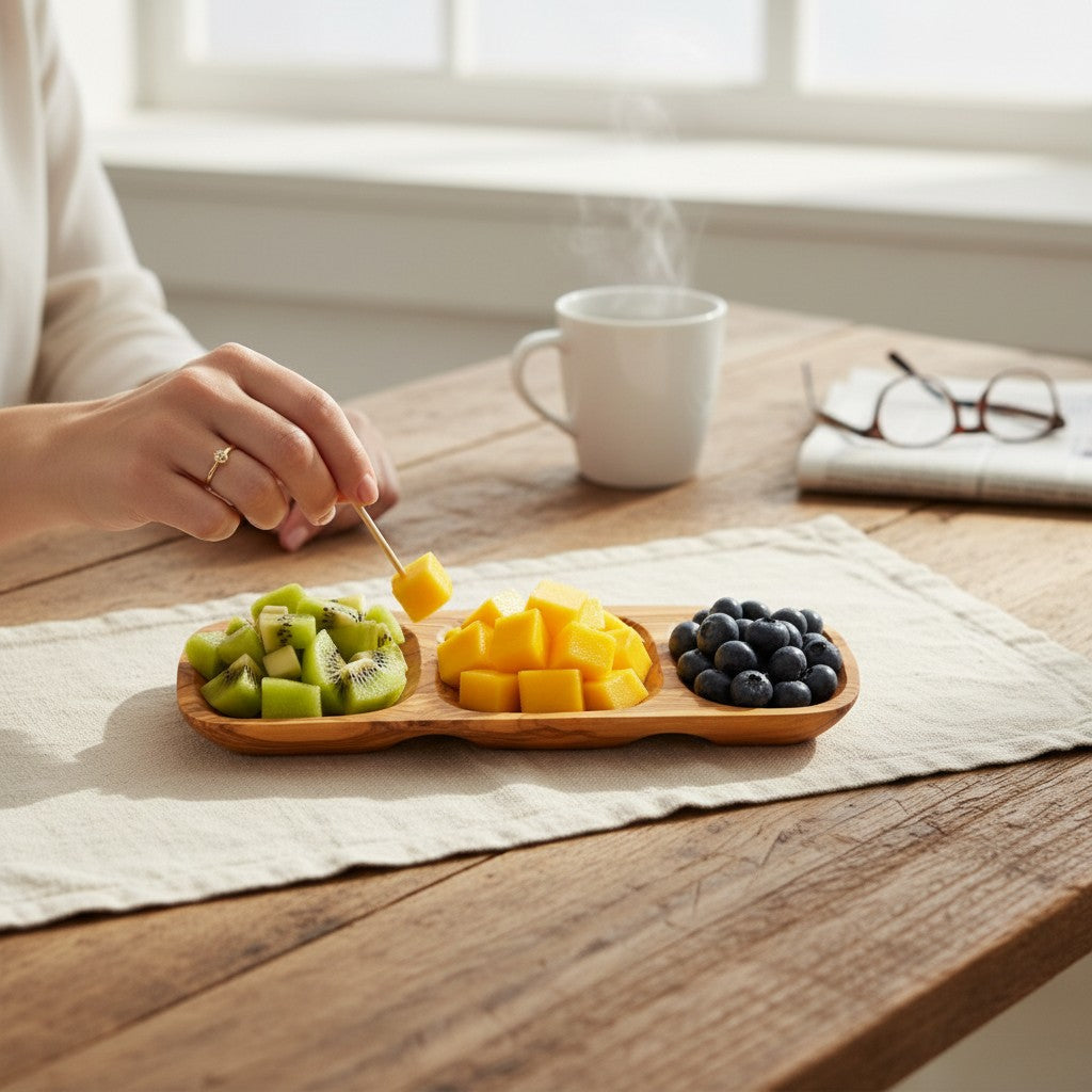 Handcrafted Olive Wood Sectional Serving Tray - 3 Compartment Party Platter