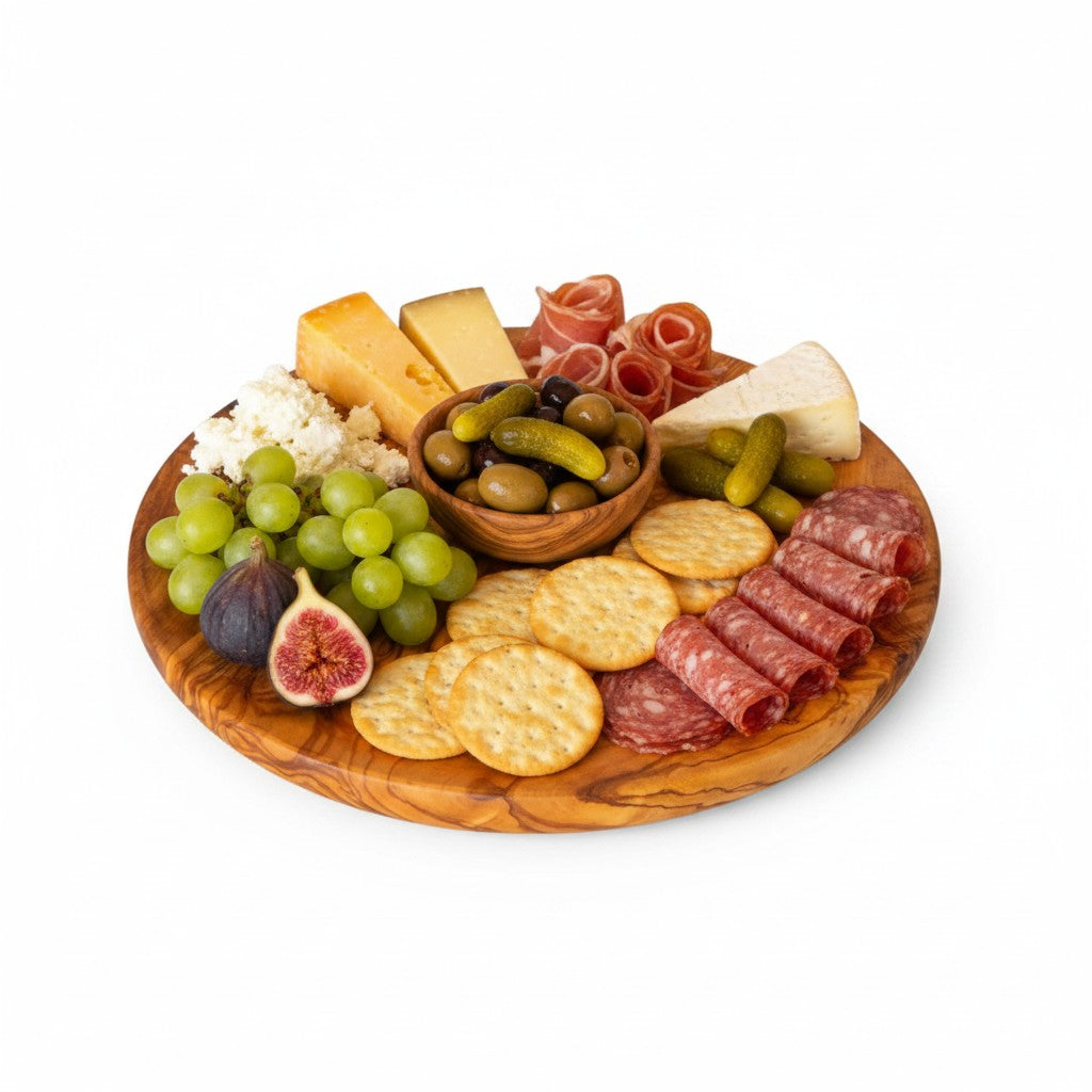 Olive Wood Circular Serving Board Platter | Round Wooden Charcuterie Tray Set